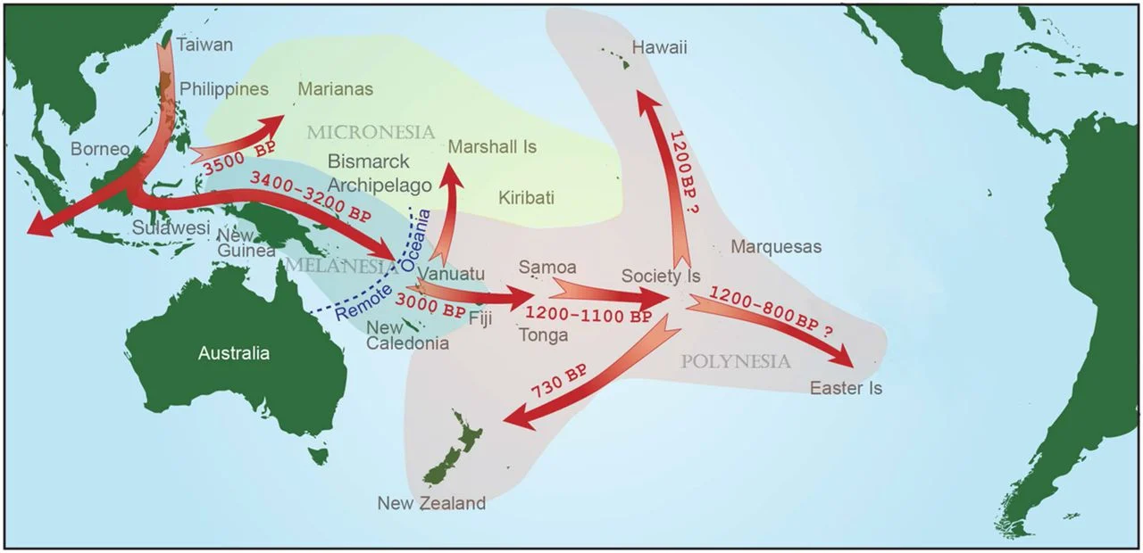 Map showing the direction of Austronesian expansion from Taiwan to the Pacific
