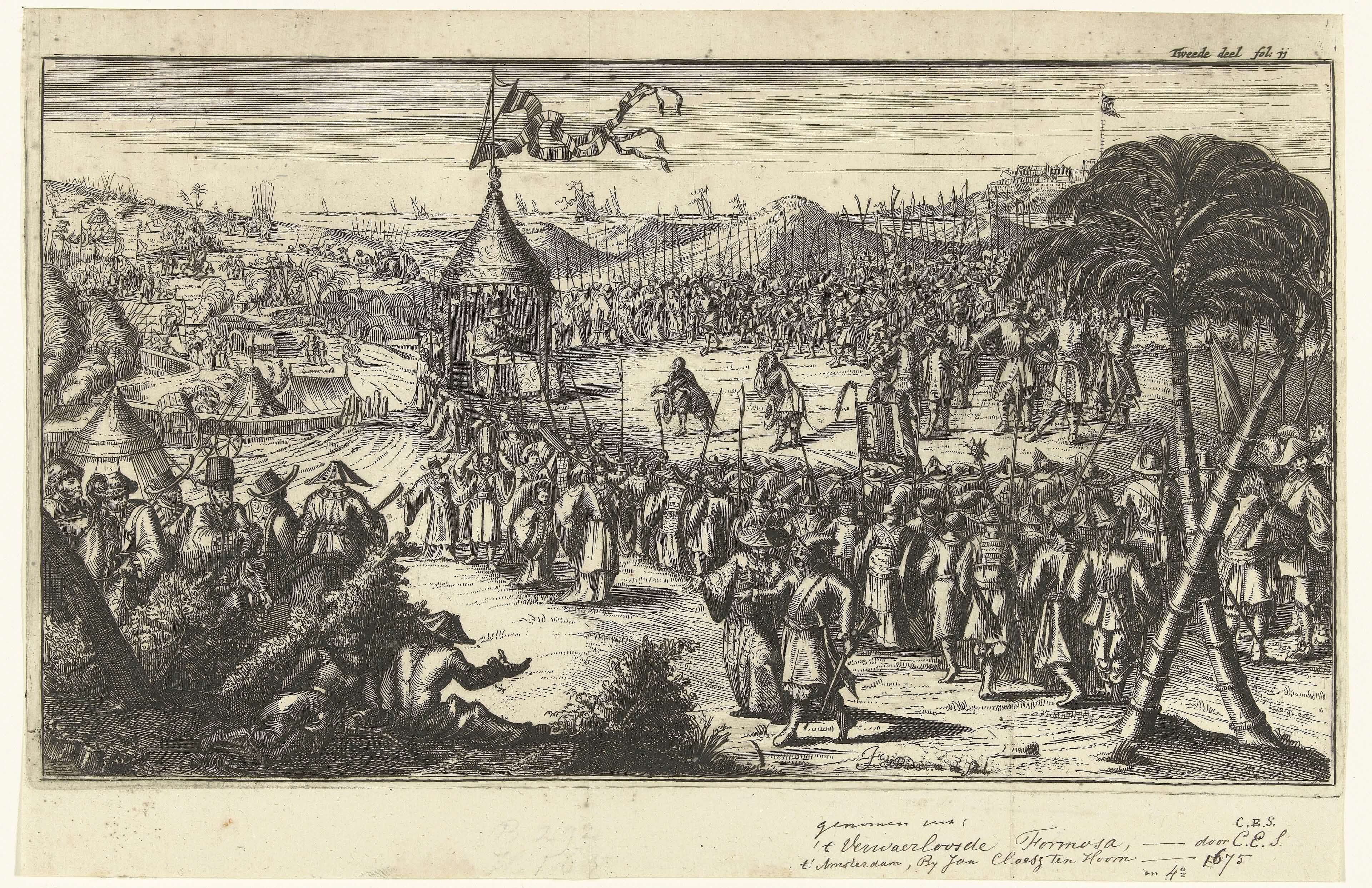 Dutch painting depicting the surrender of Dutch soldiers to Koxinga: Surrender of Fort Zeelandia in Formosa to the Ming loyalists (1662) Johannes van Baden